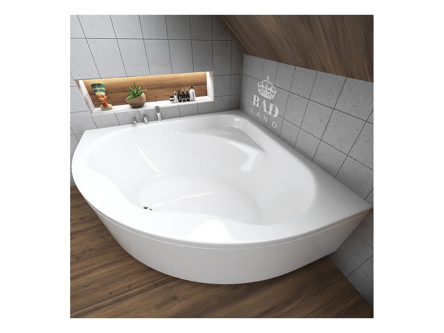 Baignoire asymétrique 150x150 STANDARD acrylique blanc + avec Tablier + Pieds + Vidage à chromé