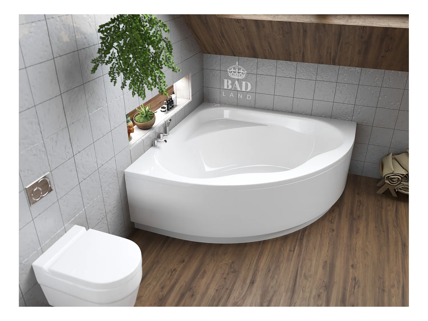 Baignoire asymétrique 150x150 STANDARD acrylique blanc + avec Tablier + Pieds + Vidage à chromé