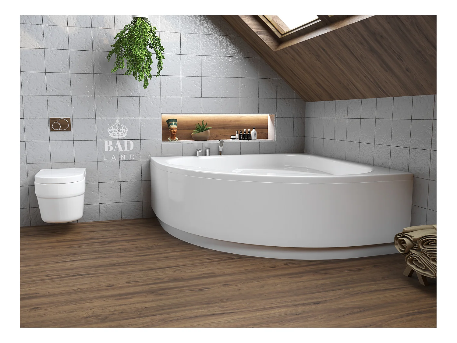 Baignoire asymétrique 150x150 STANDARD acrylique blanc + avec Tablier + Pieds + Vidage à chromé