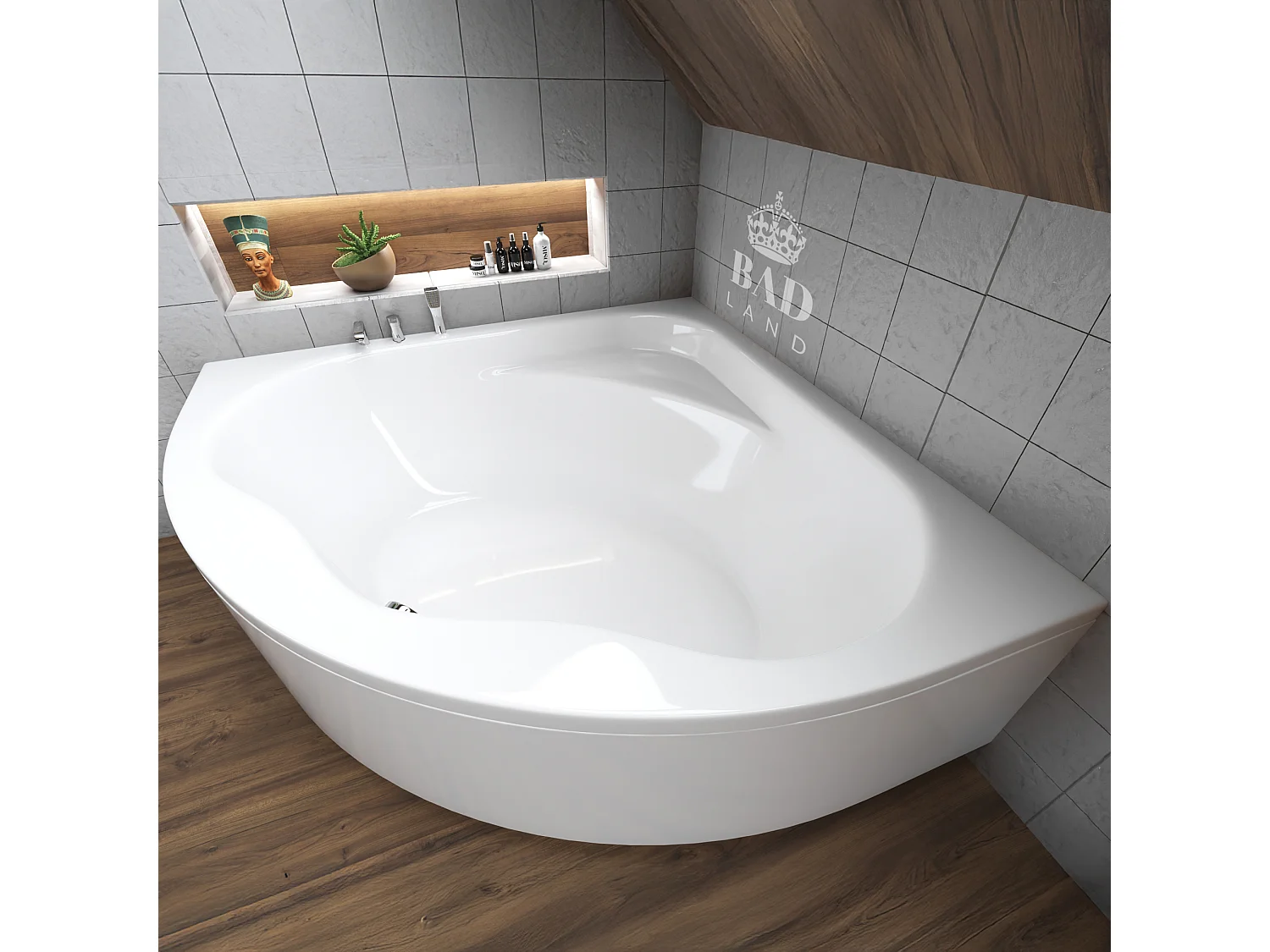 Baignoire asymétrique 150x150 STANDARD acrylique blanc + avec Tablier + Pieds + Vidage à chromé