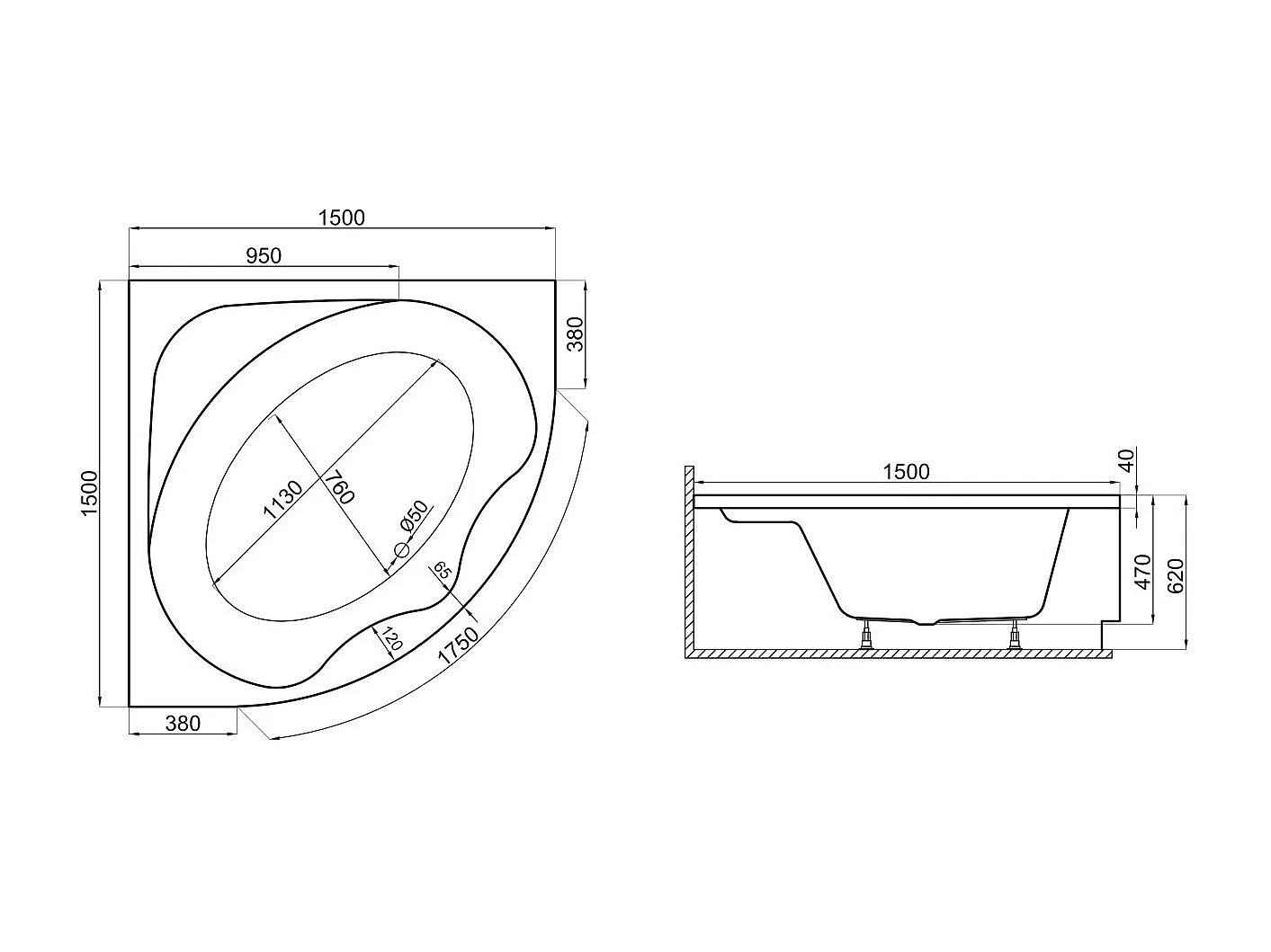 Baignoire asymétrique 150x150 STANDARD acrylique blanc + avec Tablier + Pieds + Vidage à chromé