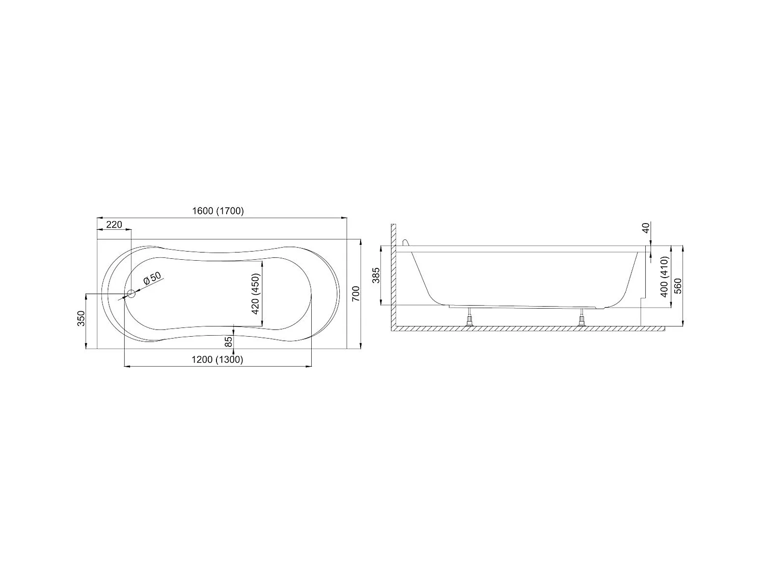 Baignoire rectangulaire 170x70 GRACJA acrylique blanc + avec Tablier + Pieds + Vidage à chromé