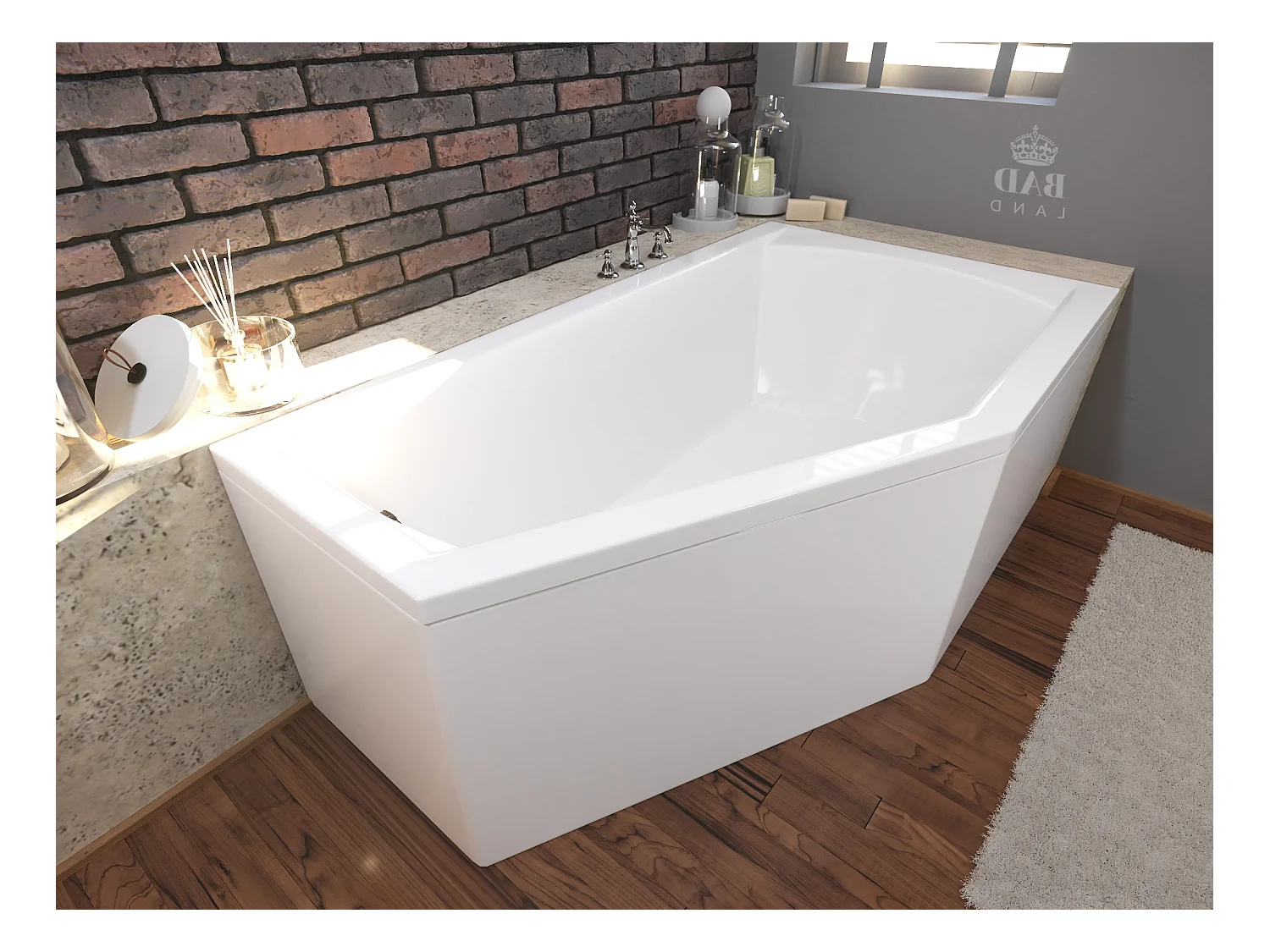 Baignoire asymétrique 150x90 Droite SELENA acrylique blanc, sans Habillage + Pieds + Vidage à chromé