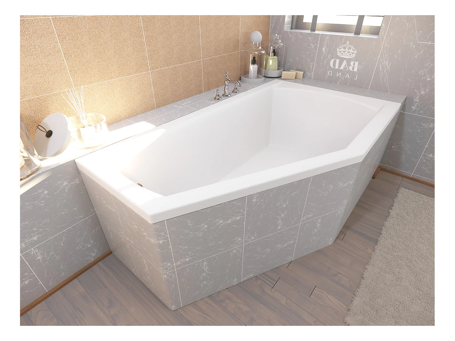 Baignoire asymétrique 150x90 Droite SELENA acrylique blanc, sans Habillage + Pieds + Vidage à chromé