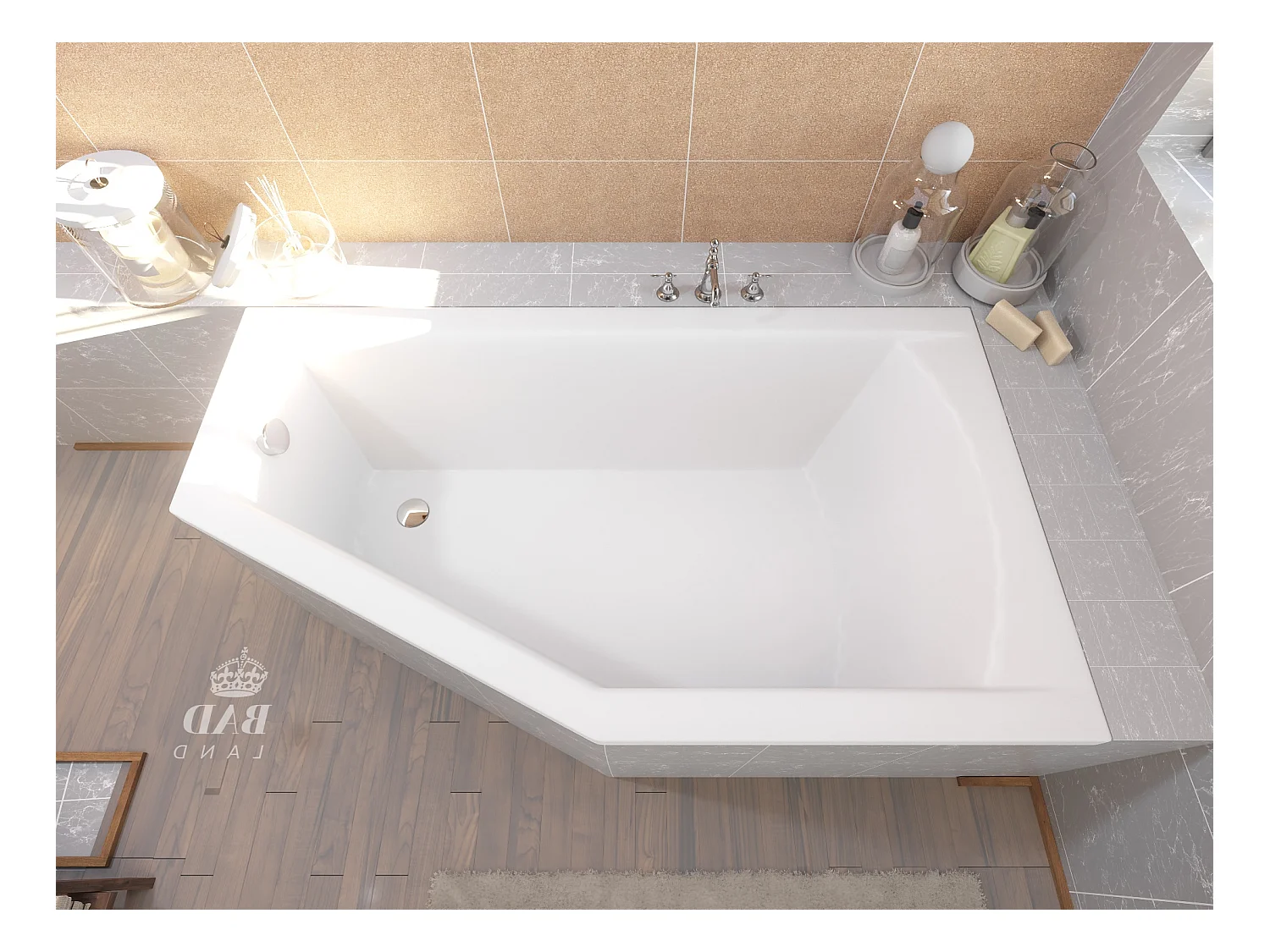 Baignoire asymétrique 150x90 Droite SELENA acrylique blanc, sans Habillage + Pieds + Vidage à chromé