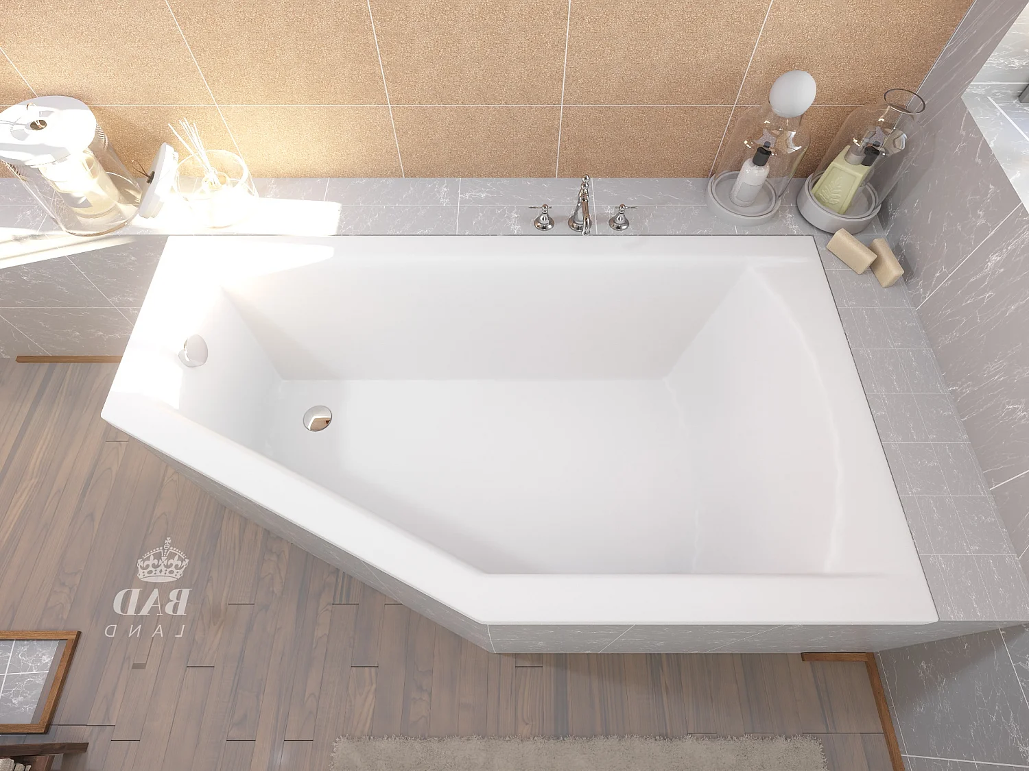 Baignoire asymétrique 150x90 Droite SELENA acrylique blanc, sans Habillage + Pieds + Vidage à chromé