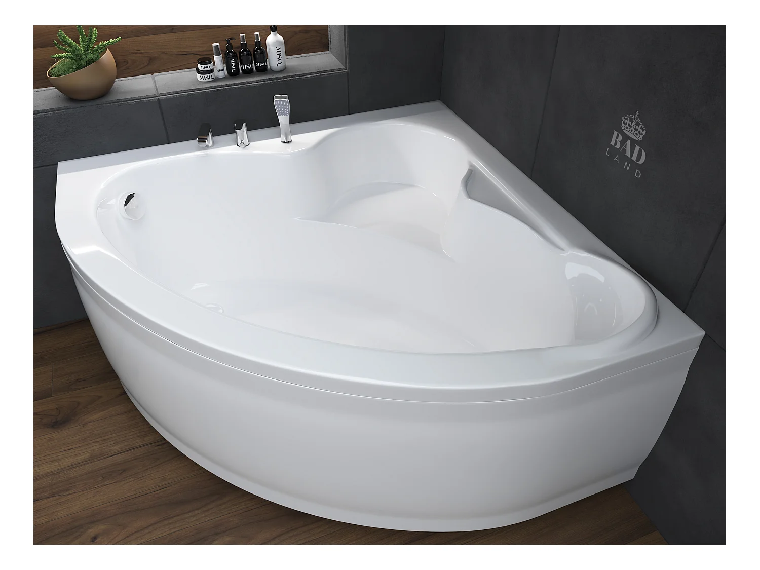 Baignoire asymétrique 120x120 STANDARD acrylique blanc, sans Habillage + Pieds + Vidage à chromé
