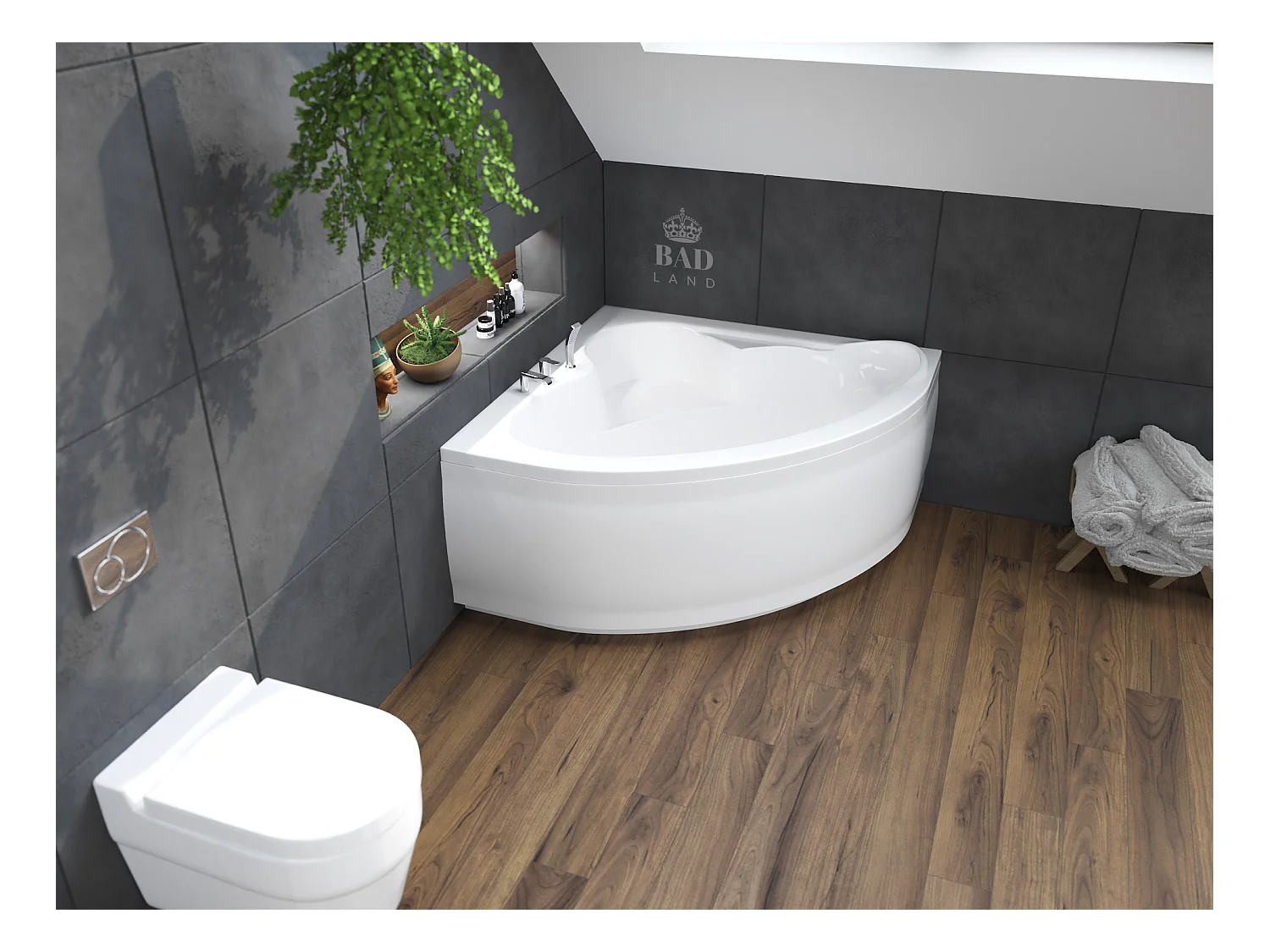 Baignoire asymétrique 120x120 STANDARD acrylique blanc, sans Habillage + Pieds + Vidage à chromé