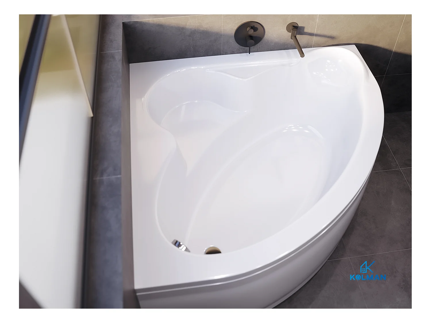 Baignoire asymétrique 120x120 STANDARD acrylique blanc, sans Habillage + Pieds + Vidage à chromé