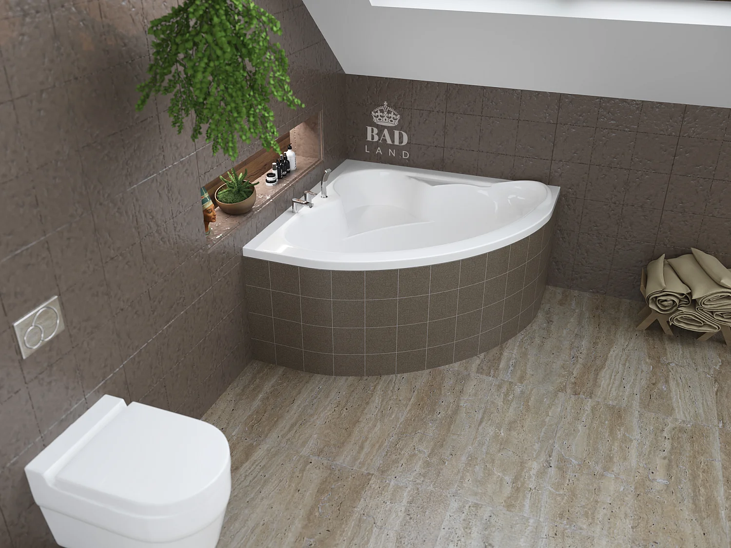 Baignoire asymétrique 120x120 STANDARD acrylique blanc, sans Habillage + Pieds + Vidage à chromé