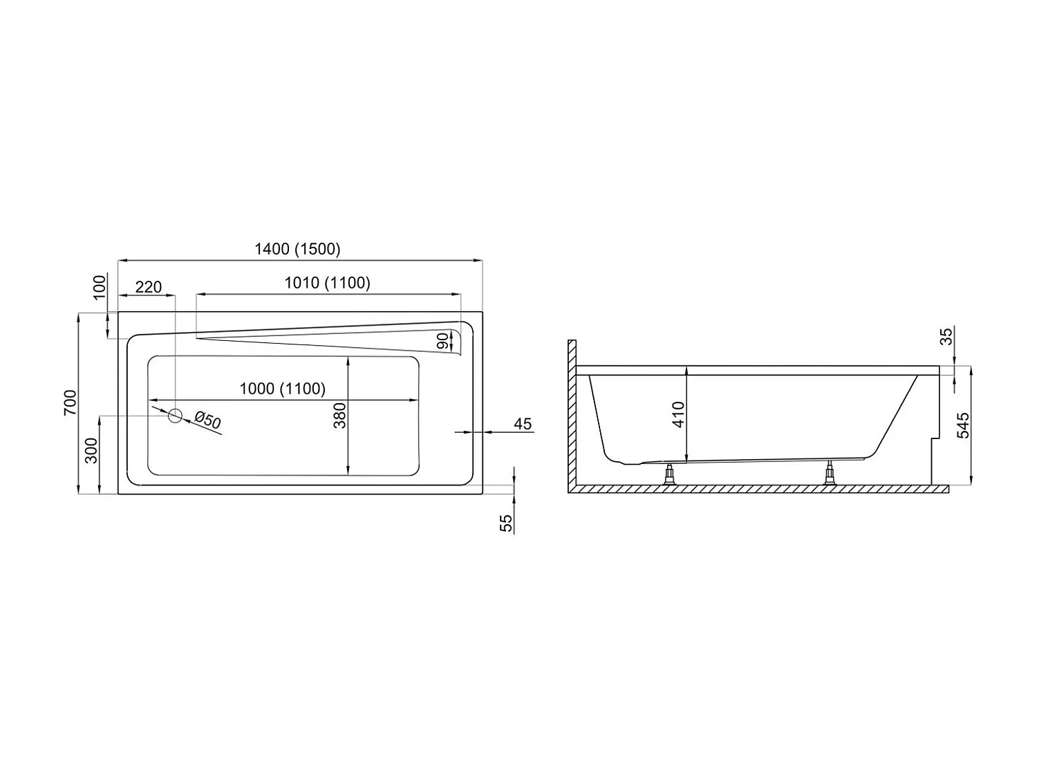 Baignoire rectangulaire 150x70 ELZA acrylique blanc + avec Tablier + Pieds + Vidage à chromé