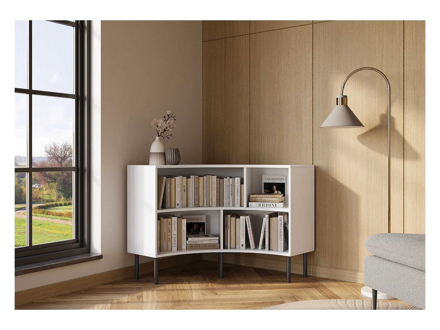 Narożny niski regał Skandica HORN z czarnymi nogami / biały