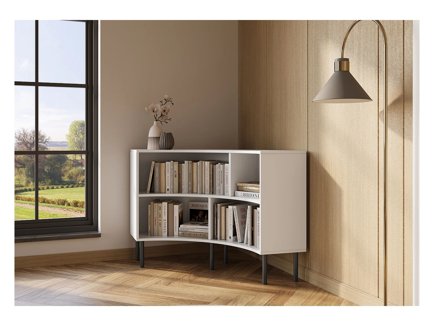 Narożny niski regał Skandica HORN z czarnymi nogami / biały