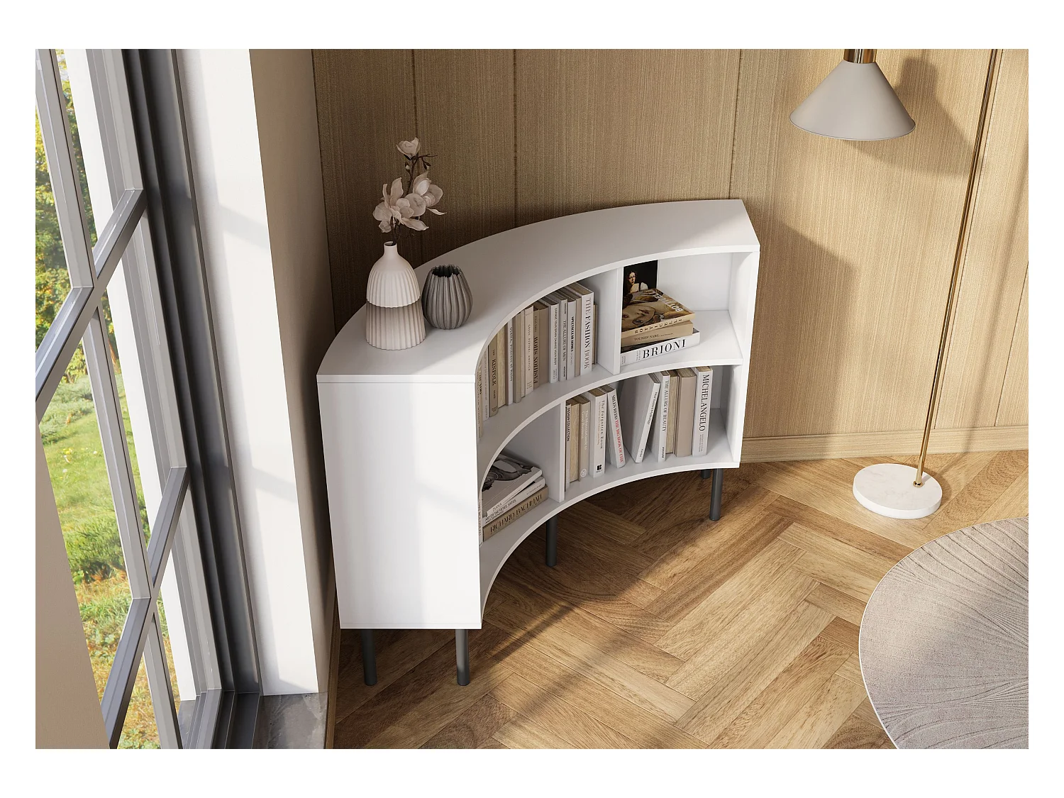 Narożny niski regał Skandica HORN z czarnymi nogami / biały