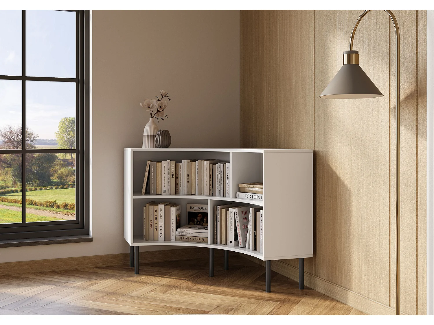 Narożny niski regał Skandica HORN z czarnymi nogami / biały