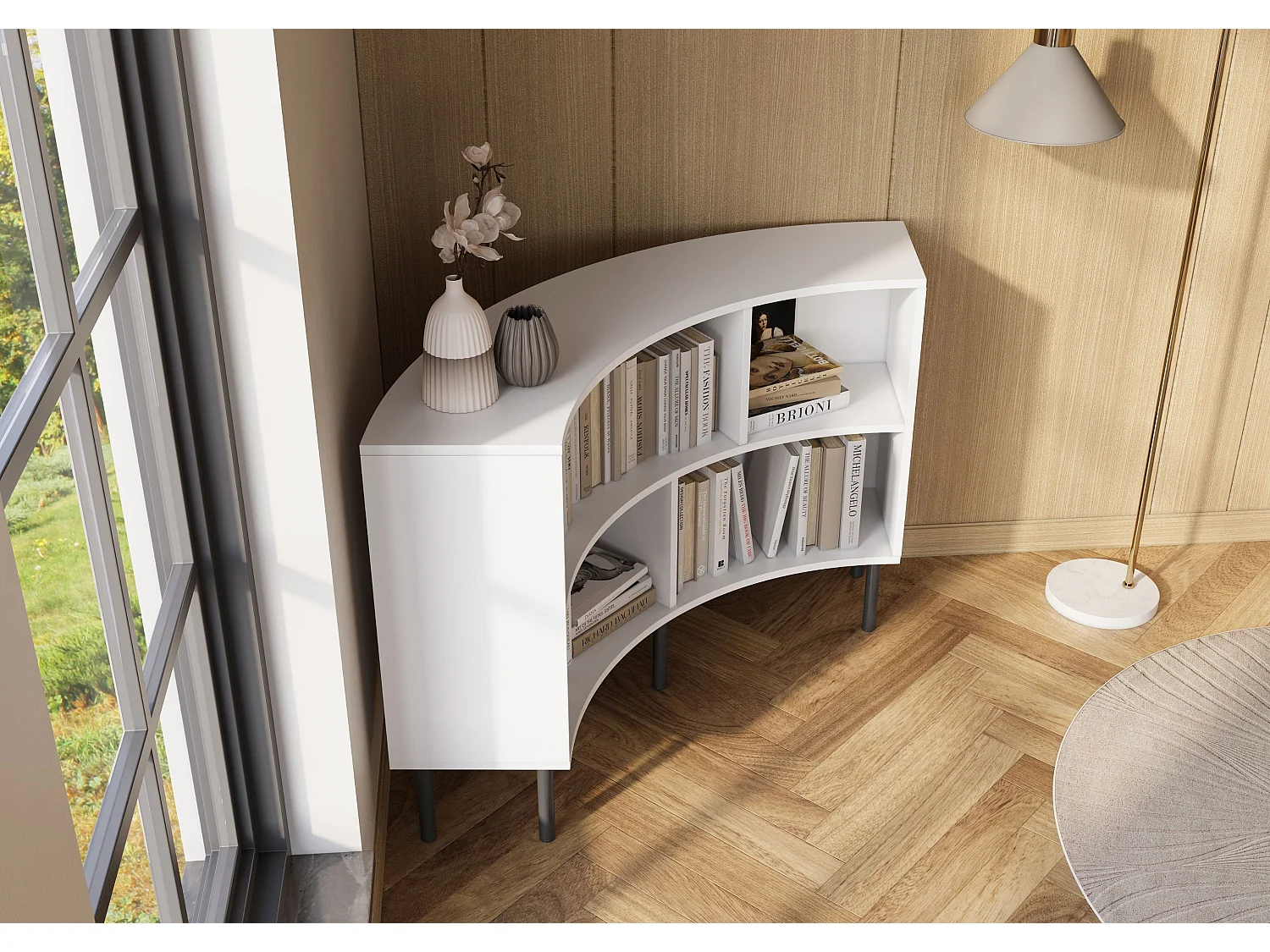 Narożny niski regał Skandica HORN z czarnymi nogami / biały