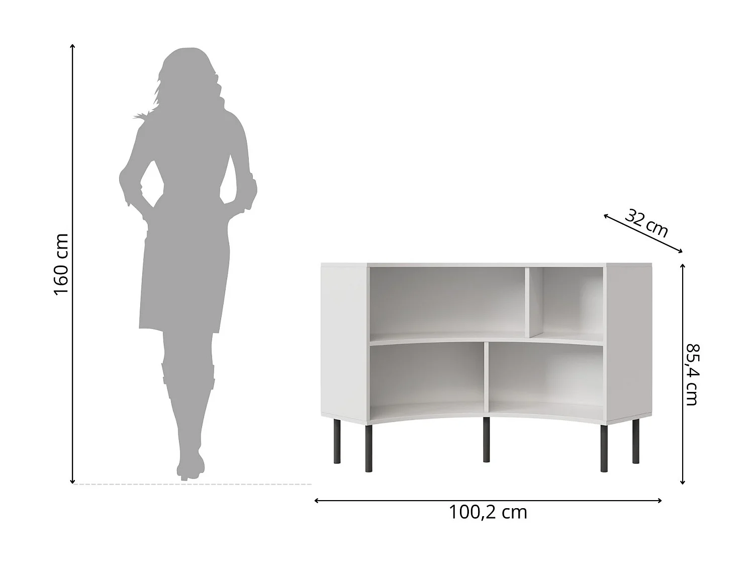 Narożny niski regał Skandica HORN z czarnymi nogami / biały