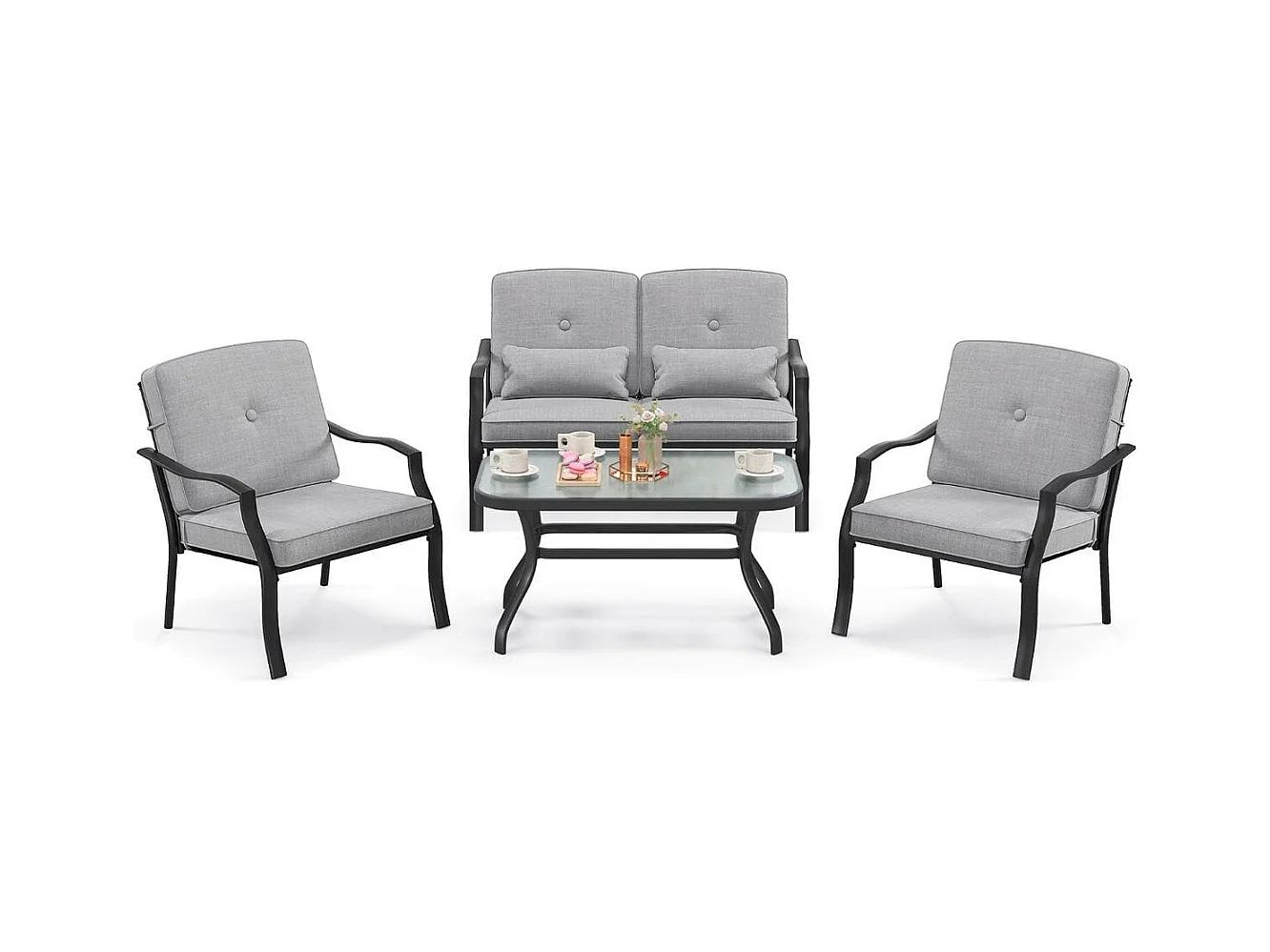 4-TLG. Gartenmöbel Set Terrassenmöbel mit Sitz- Rücken- und Taillenkissen Grau