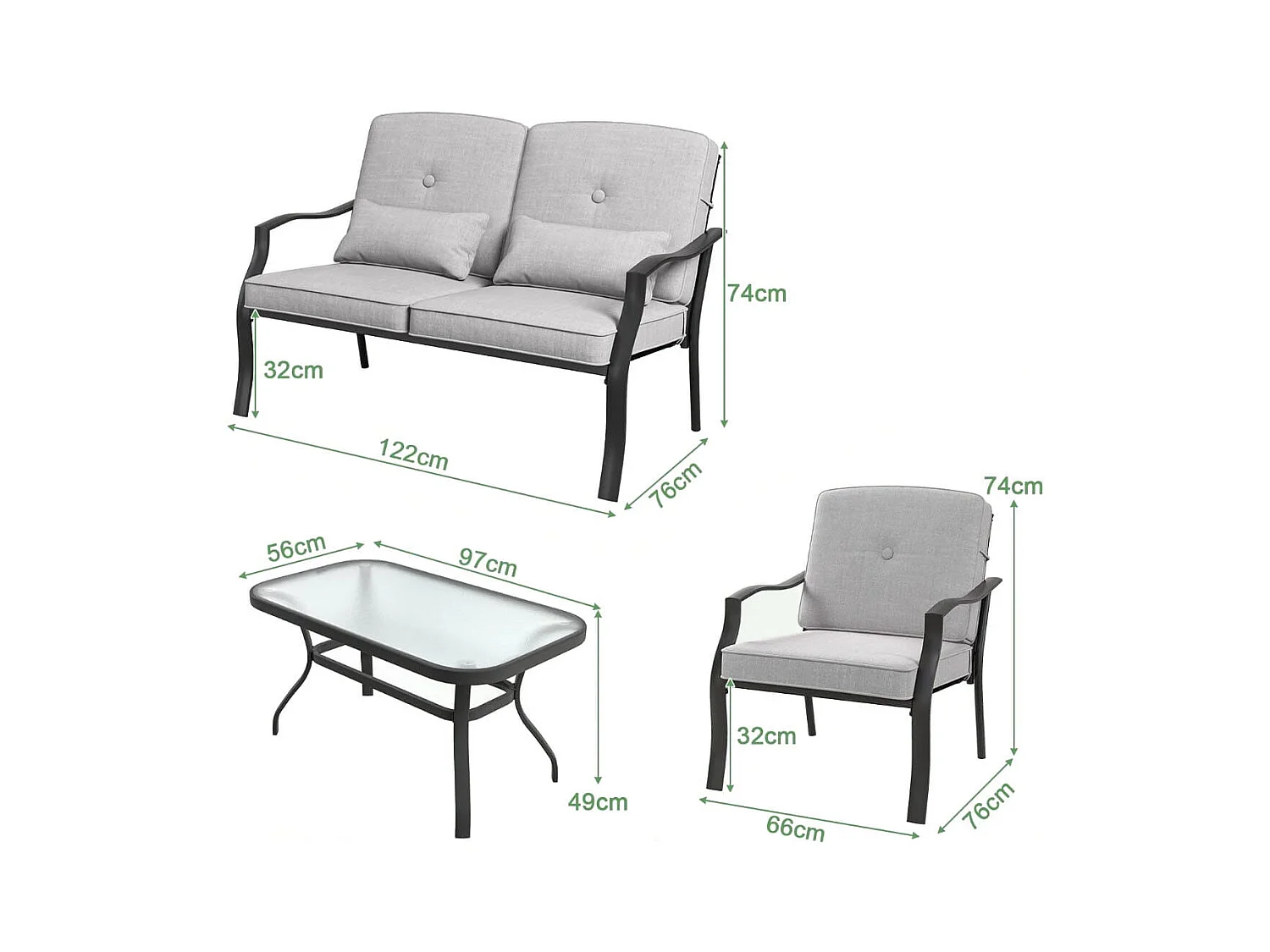 4-TLG. Gartenmöbel Set Terrassenmöbel mit Sitz- Rücken- und Taillenkissen Grau