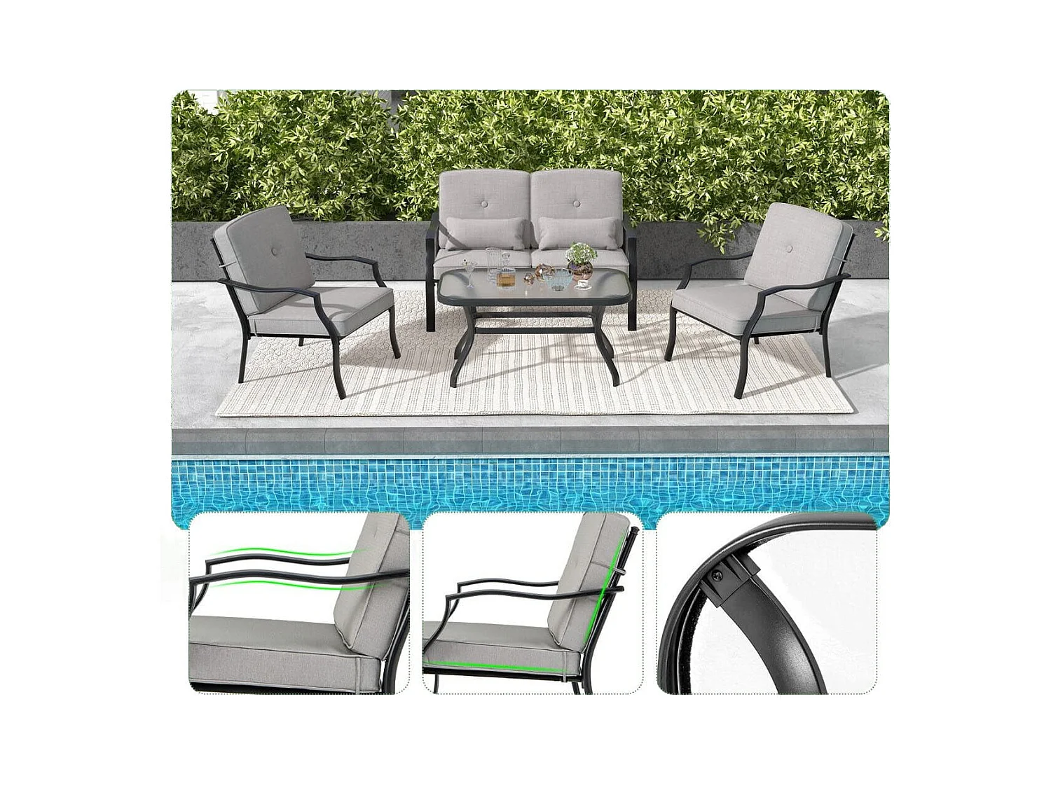 4-TLG. Gartenmöbel Set Terrassenmöbel mit Sitz- Rücken- und Taillenkissen Grau