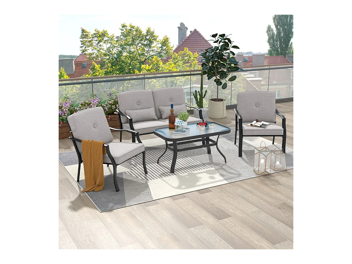 4-TLG. Gartenmöbel Set Terrassenmöbel mit Sitz- Rücken- und Taillenkissen Grau