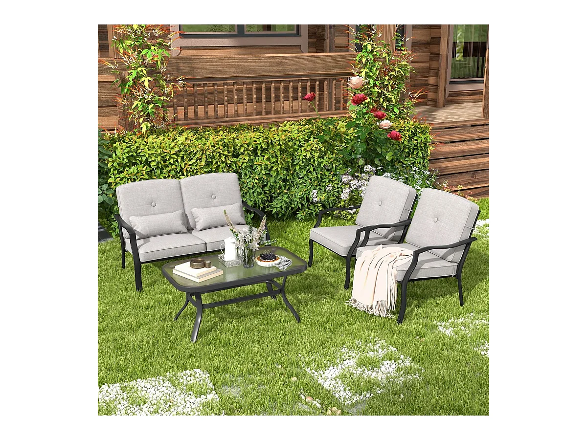 4-TLG. Gartenmöbel Set Terrassenmöbel mit Sitz- Rücken- und Taillenkissen Grau