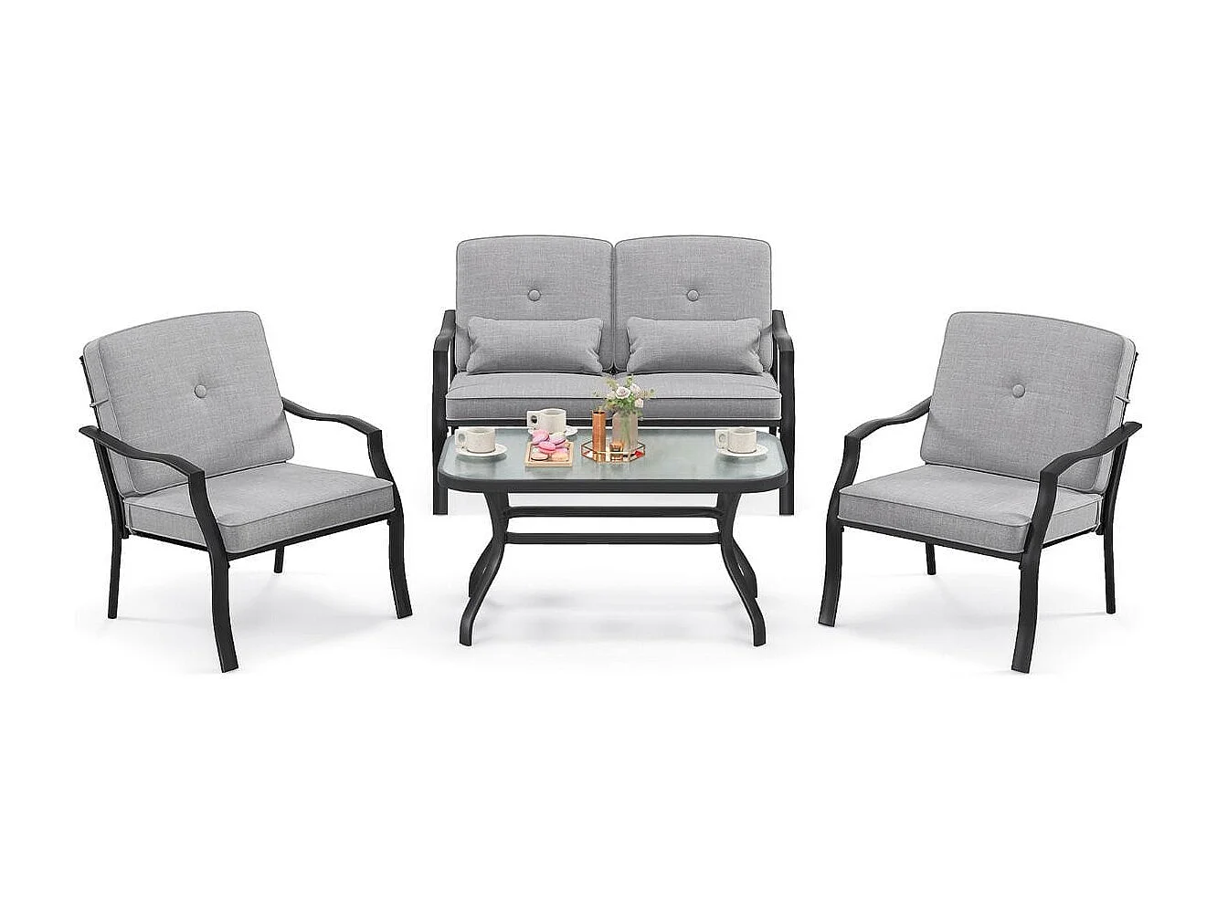 4-TLG. Gartenmöbel Set Terrassenmöbel mit Sitz- Rücken- und Taillenkissen Grau