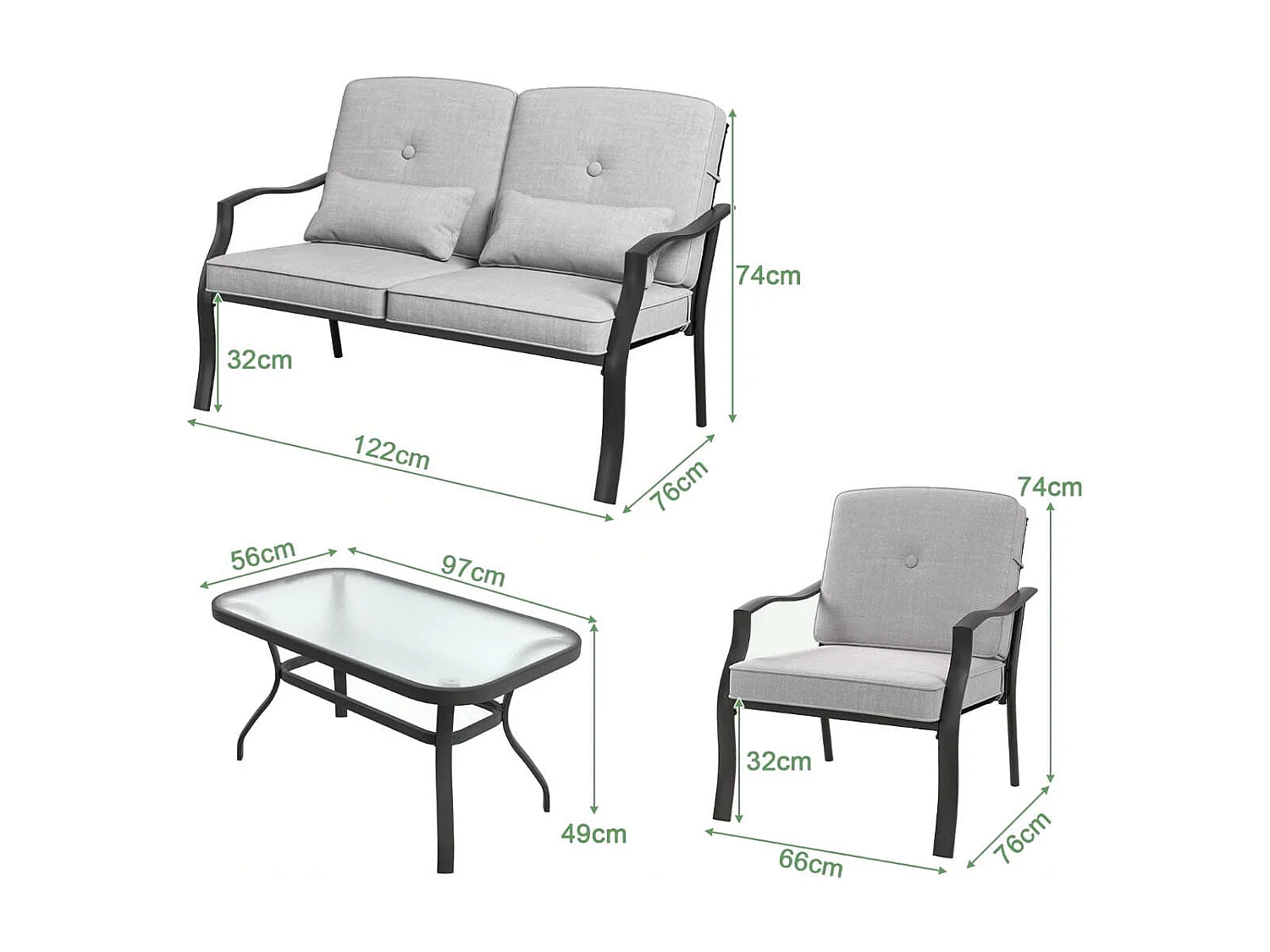 4-TLG. Gartenmöbel Set Terrassenmöbel mit Sitz- Rücken- und Taillenkissen Grau