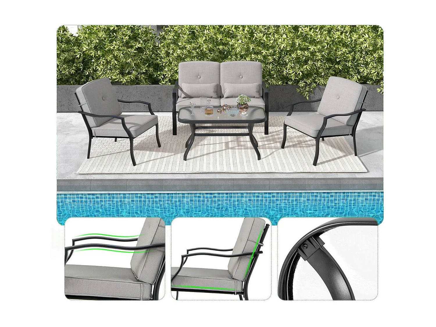 4-TLG. Gartenmöbel Set Terrassenmöbel mit Sitz- Rücken- und Taillenkissen Grau