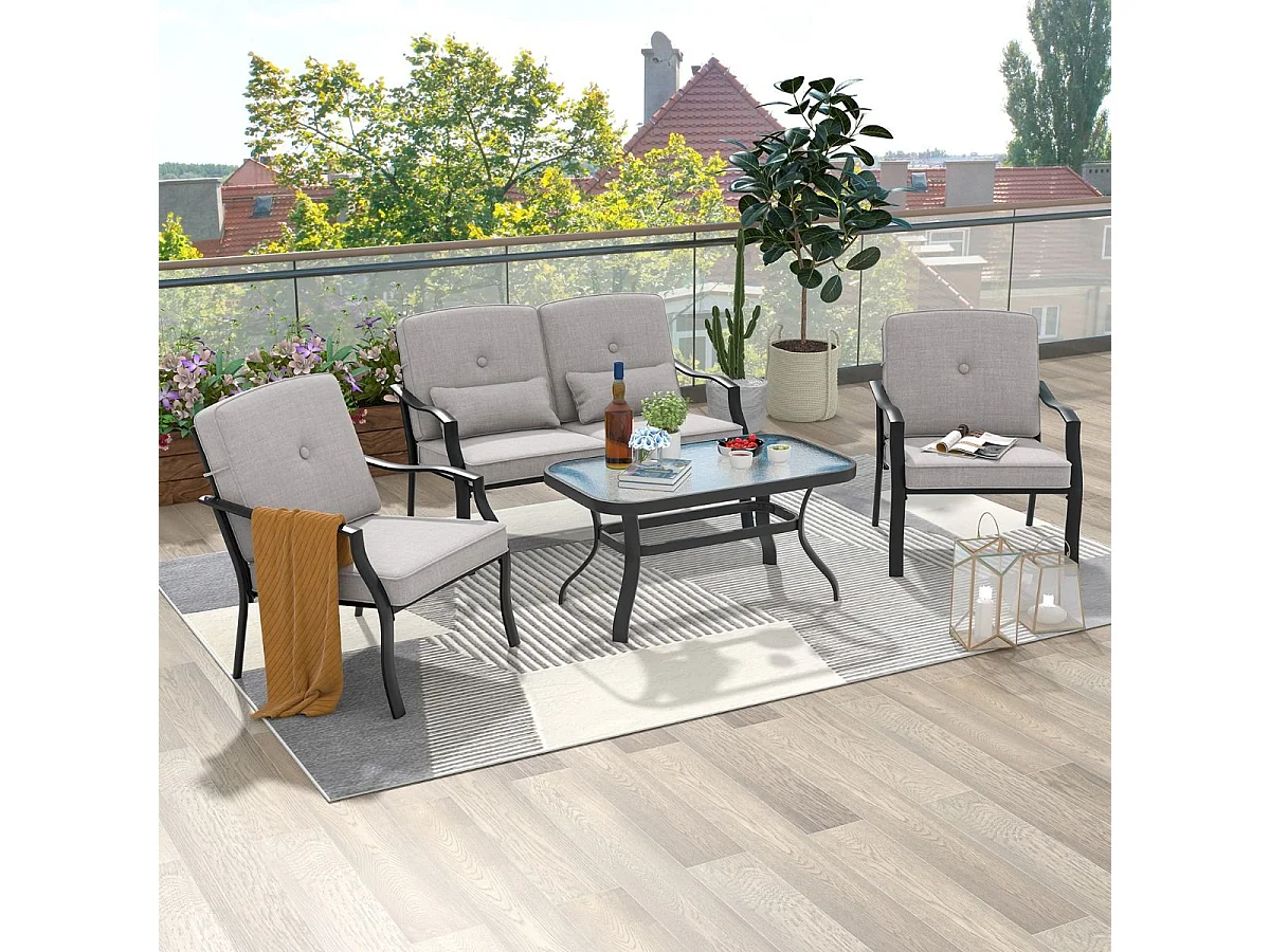 4-TLG. Gartenmöbel Set Terrassenmöbel mit Sitz- Rücken- und Taillenkissen Grau