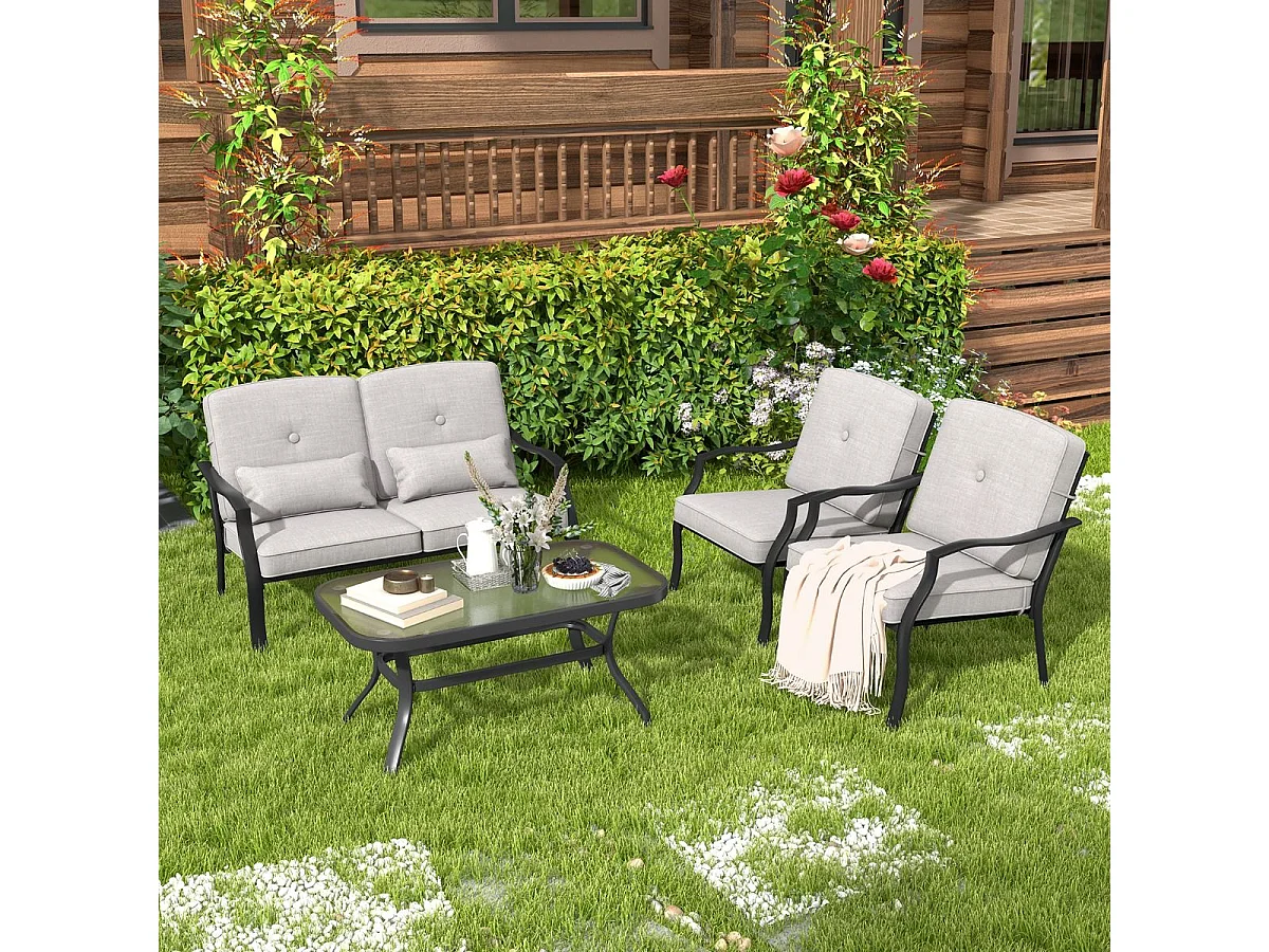 4-TLG. Gartenmöbel Set Terrassenmöbel mit Sitz- Rücken- und Taillenkissen Grau