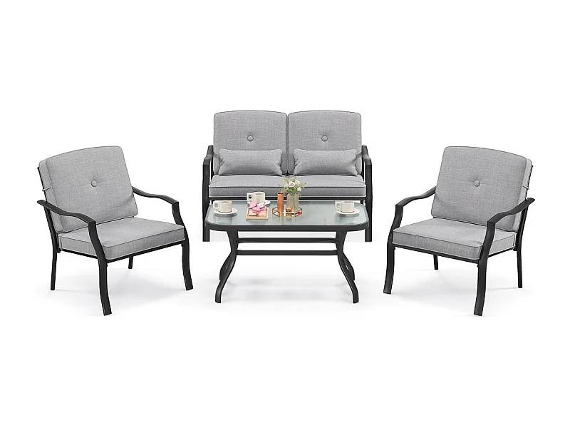 4-TLG. Gartenmöbel Set Terrassenmöbel mit Sitz- Rücken- und Taillenkissen Grau