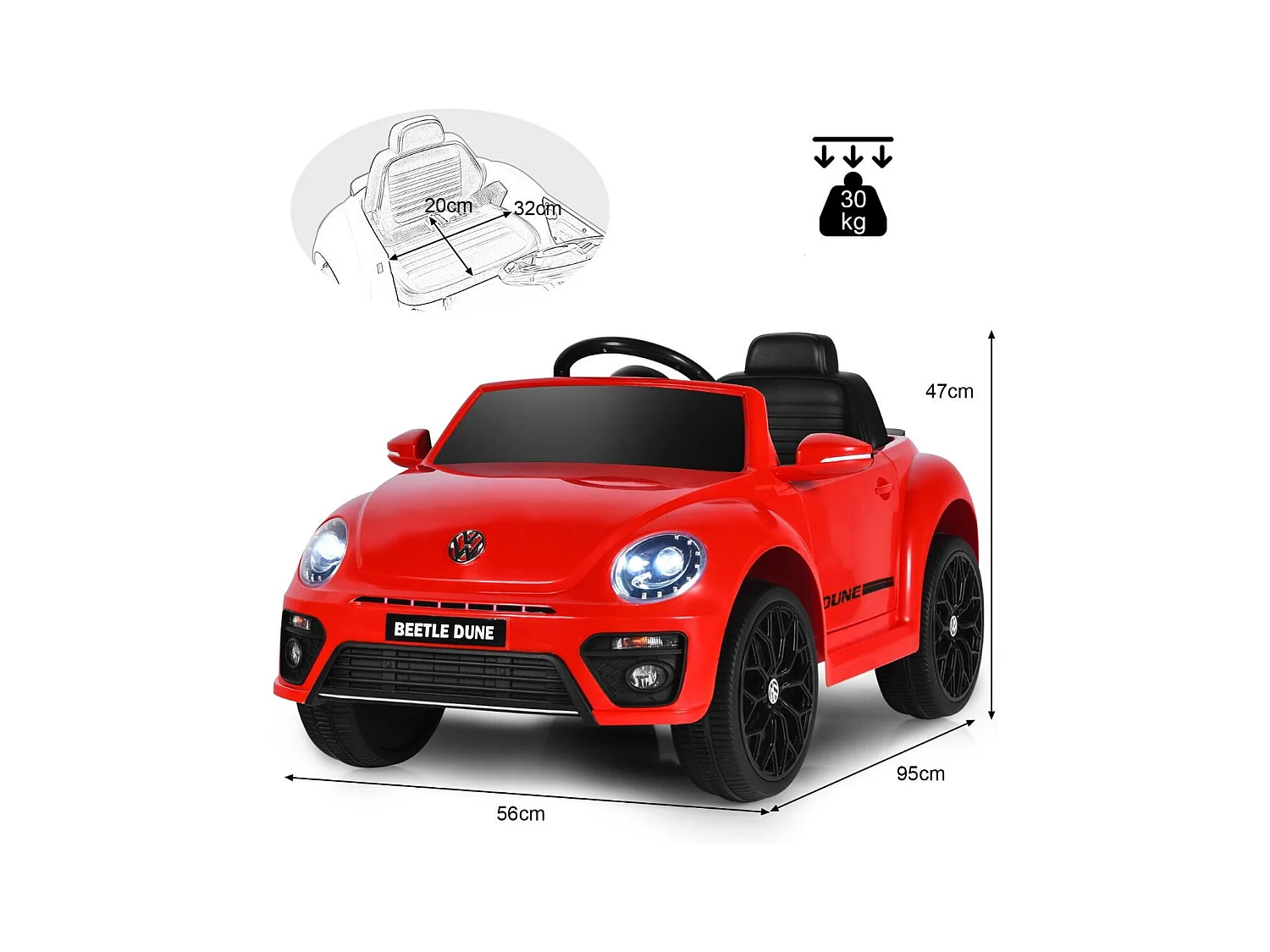 Maggiolino per bambini elettrico con telecomando luci sedile accogliente, Giocattolo realistico cavalcabile Rosso