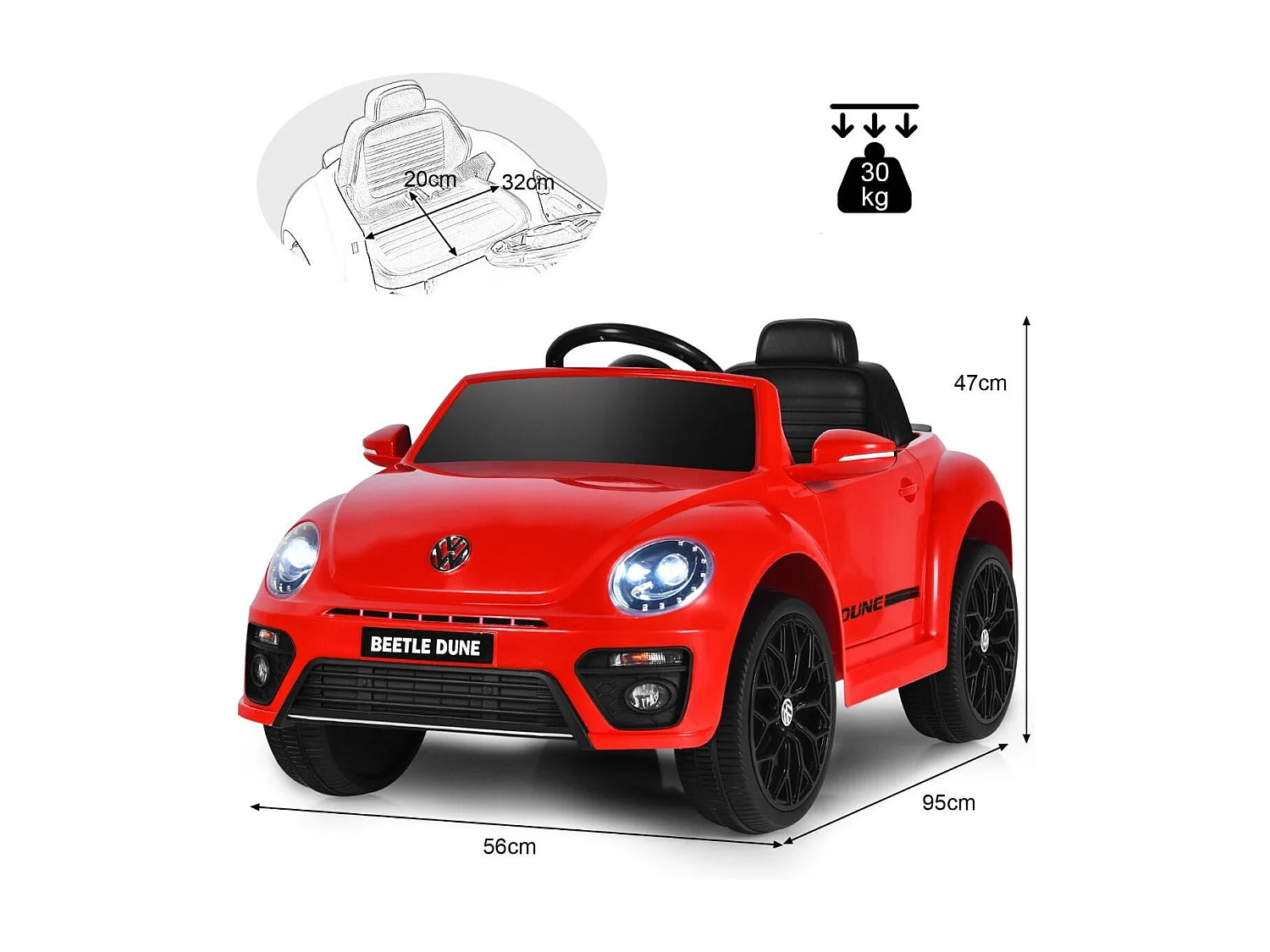 Volkswagen Beetle Voiture Électrique 12V/4,5 Ah pour Enfants 3-8 Ans Télécommande 2.4G LED USB Radio Klaxon Rouge