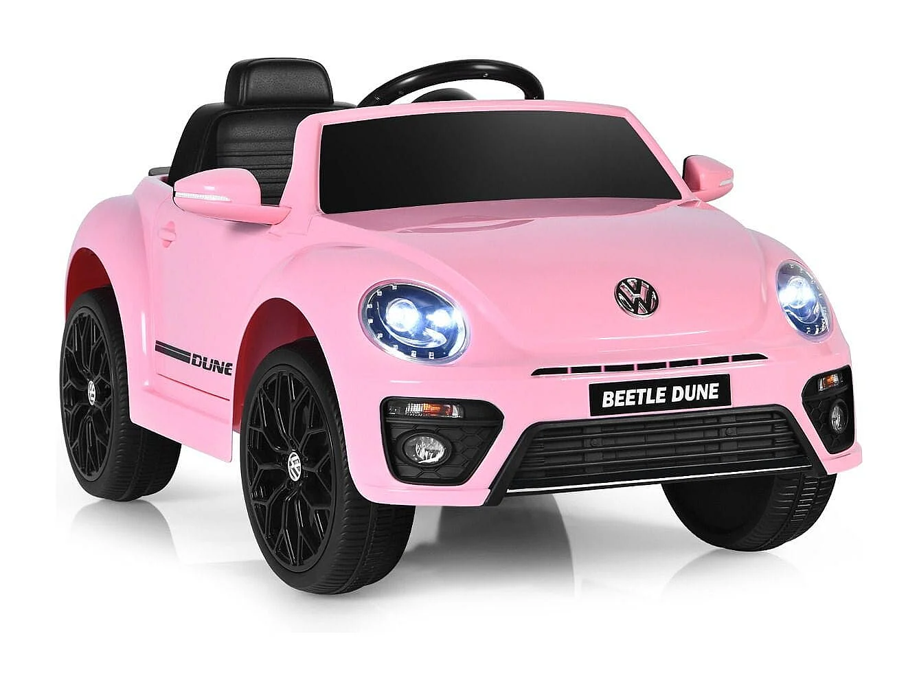 Maggiolino per bambini elettrico con telecomando luci sedile accogliente, Giocattolo realistico cavalcabile Rosa