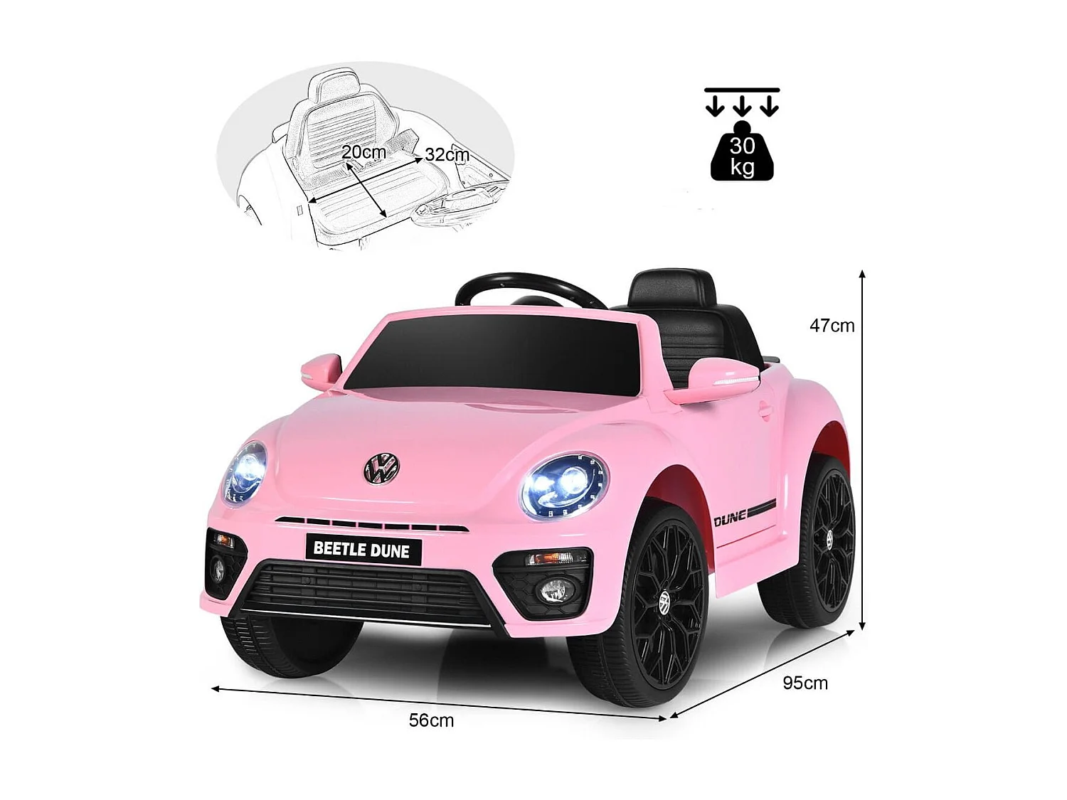 Maggiolino per bambini elettrico con telecomando luci sedile accogliente, Giocattolo realistico cavalcabile Rosa