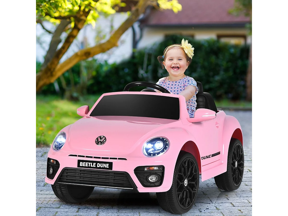 Maggiolino per bambini elettrico con telecomando luci sedile accogliente, Giocattolo realistico cavalcabile Rosa