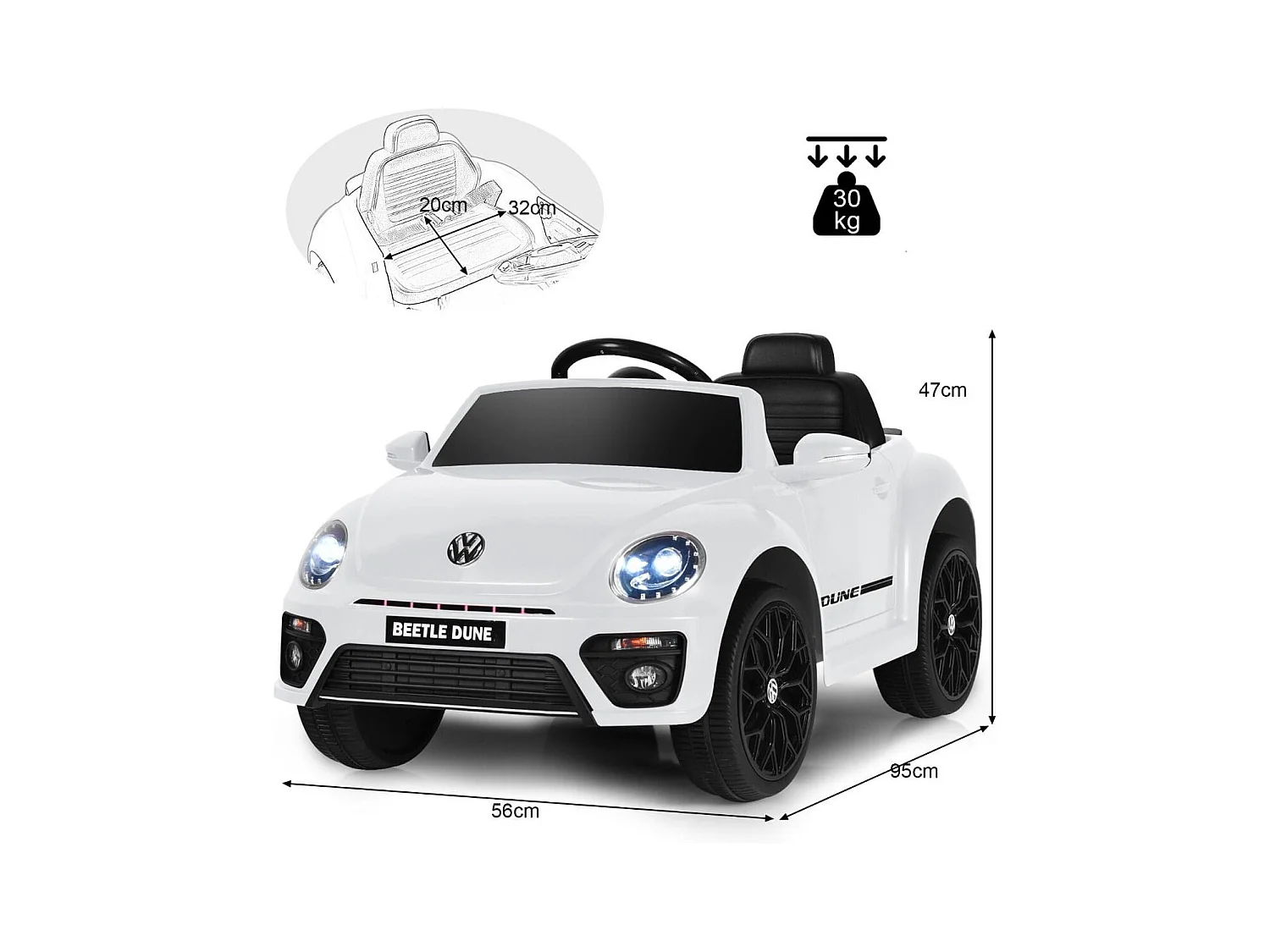 Volkswagen Beetle Voiture Électrique 12V/4,5 Ah pour Enfants 3-8 Ans Télécommande 2.4G LED USB Radio Klaxon Blanc