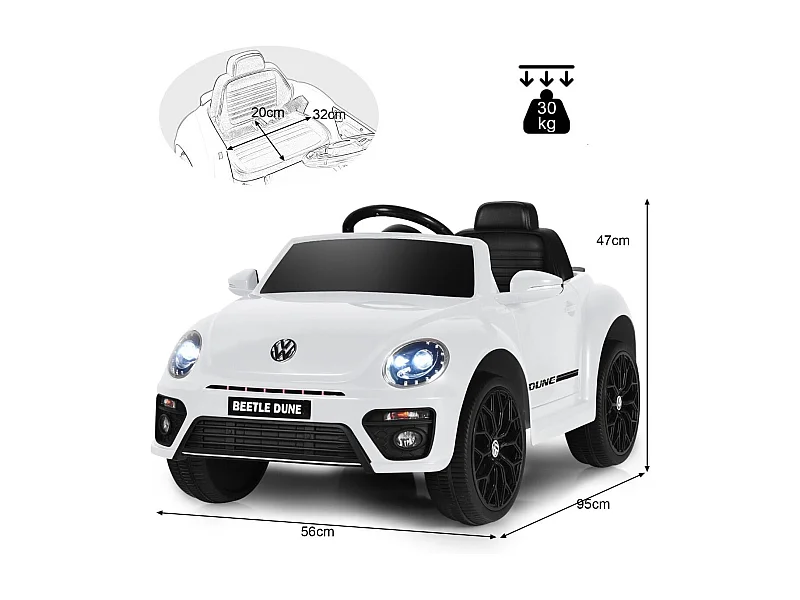 VW Beetle Kinderauto mit Musik & 2 Beleuchtungsmodi inkl. 2,4G Fernbedienung Weiß