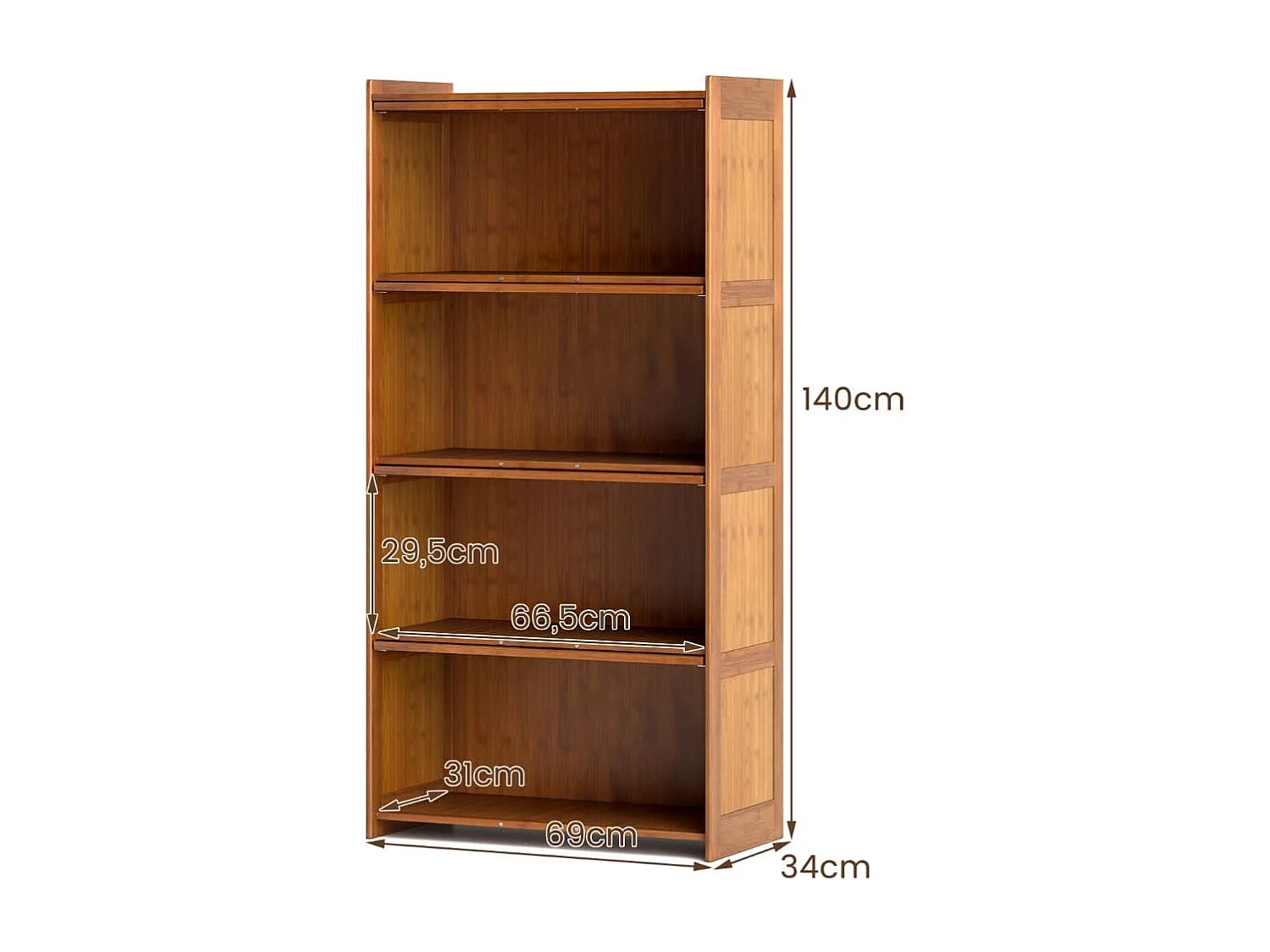 Bibliothèque à 4 Niveaux avec Portes Étagère en Bambou de 140 cm avec Portes en Acrylique Transparent Meuble de Rangement Autonome Marron