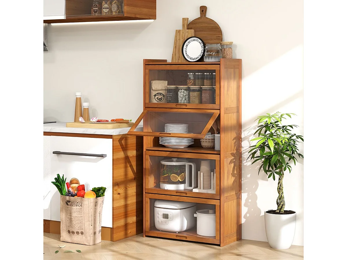 Bibliothèque à 4 Niveaux avec Portes Étagère en Bambou de 140 cm avec Portes en Acrylique Transparent Meuble de Rangement Autonome Marron