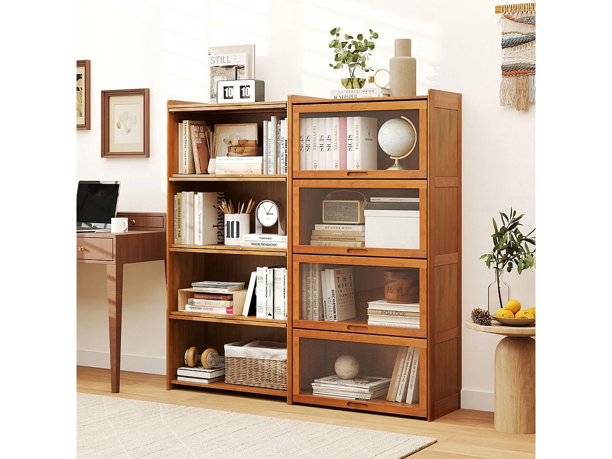 Bibliothèque à 4 Niveaux avec Portes Étagère en Bambou de 140 cm avec Portes en Acrylique Transparent Meuble de Rangement Autonome Marron