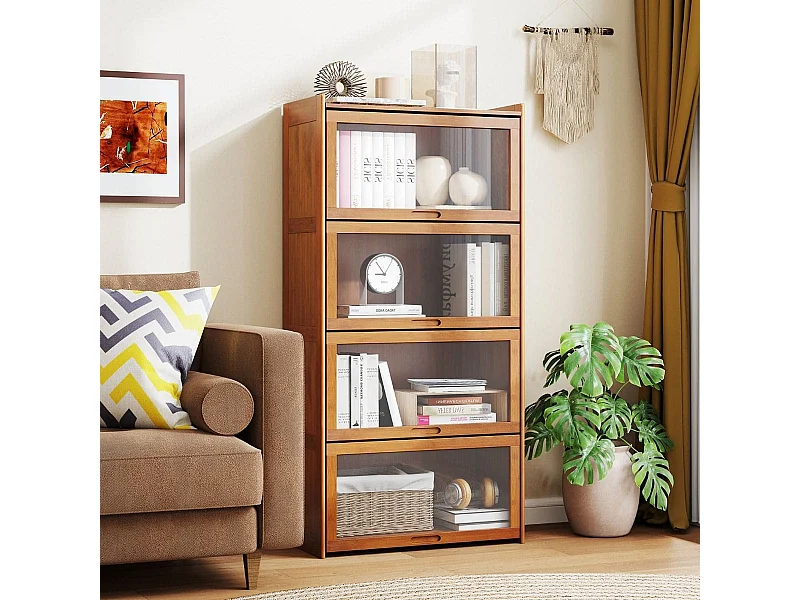 Bibliothèque à 4 Niveaux avec Portes Étagère en Bambou de 140 cm avec Portes en Acrylique Transparent Meuble de Rangement Autonome Marron