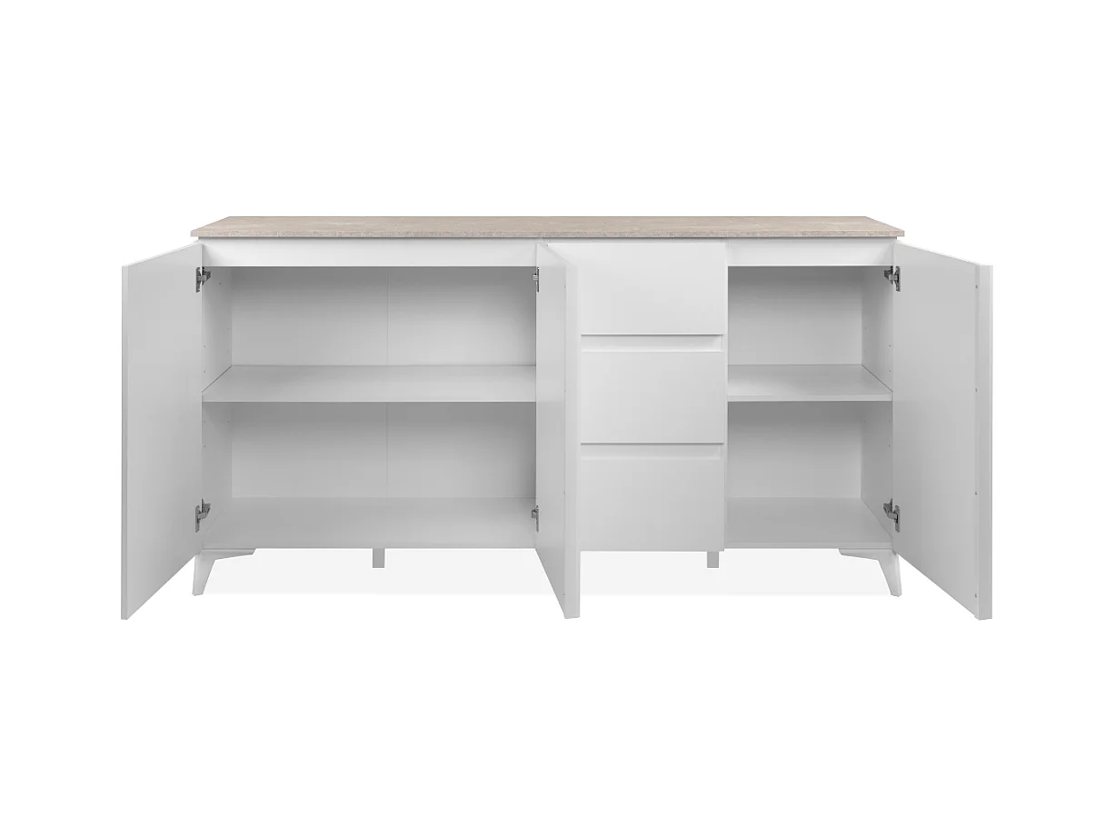 Buffet 3 portes et 3 tiroirs décor travertin et blanc L177cm - BERTRIX