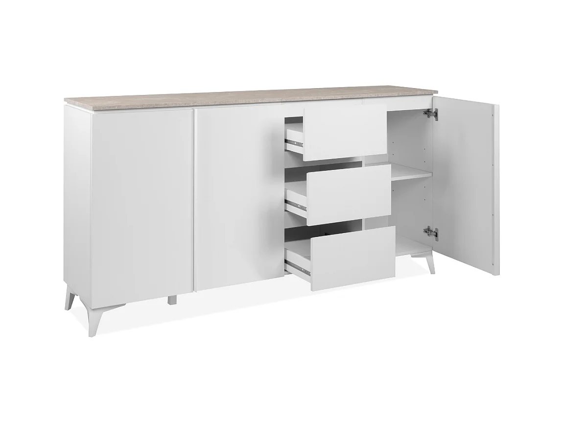 Buffet 3 portes et 3 tiroirs décor travertin et blanc L177cm - BERTRIX