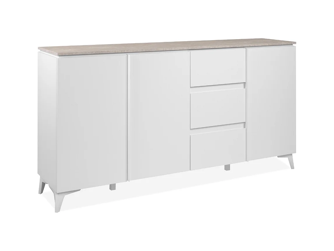 Buffet 3 portes et 3 tiroirs décor travertin et blanc L177cm - BERTRIX