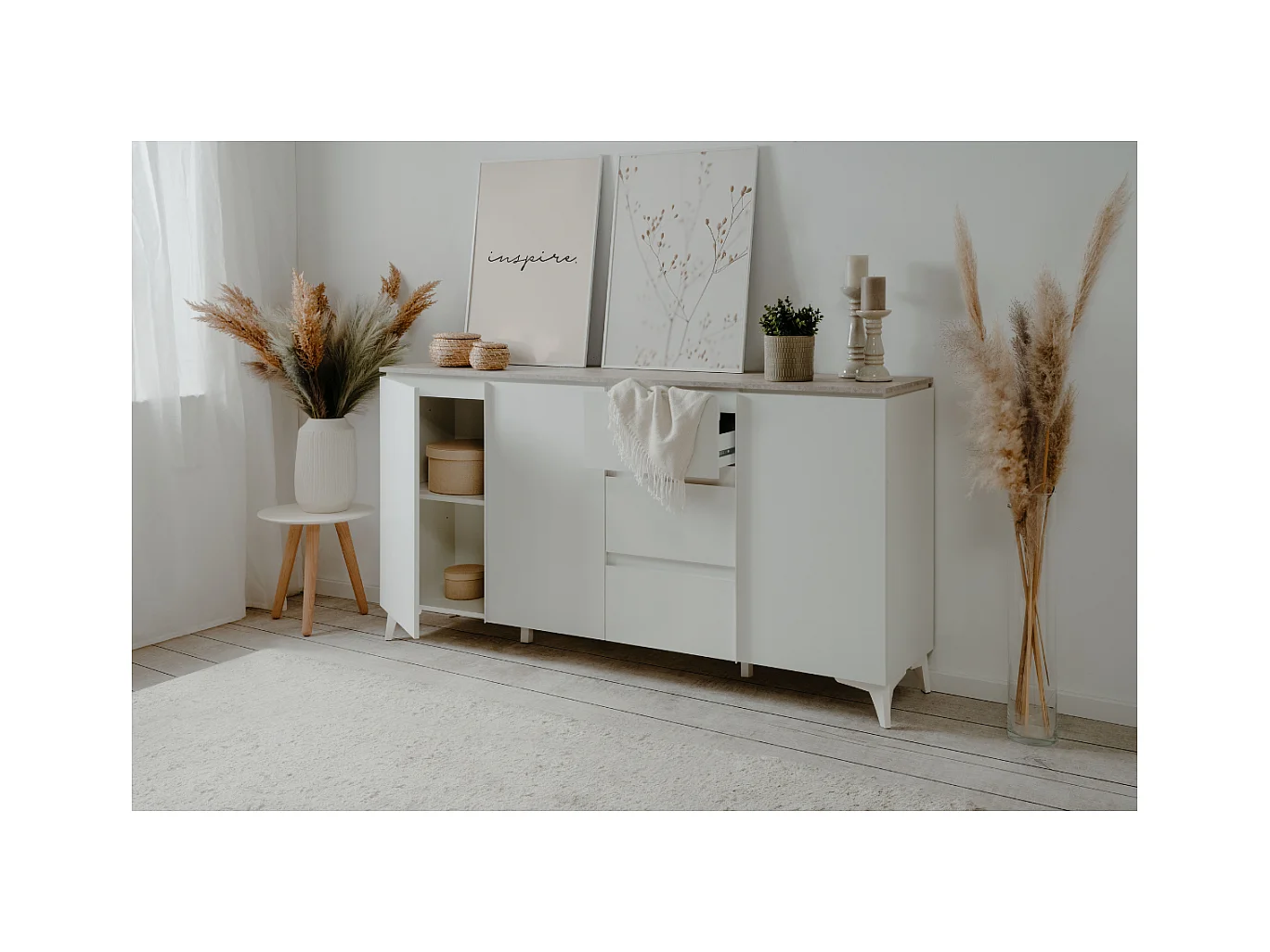 Buffet 3 portes et 3 tiroirs décor travertin et blanc L177cm - BERTRIX