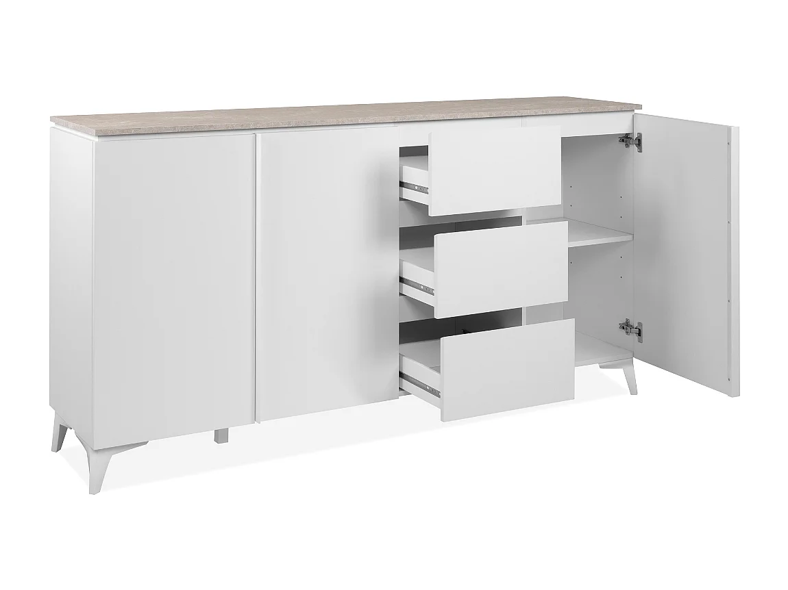 Buffet 3 portes et 3 tiroirs décor travertin et blanc L177cm - BERTRIX