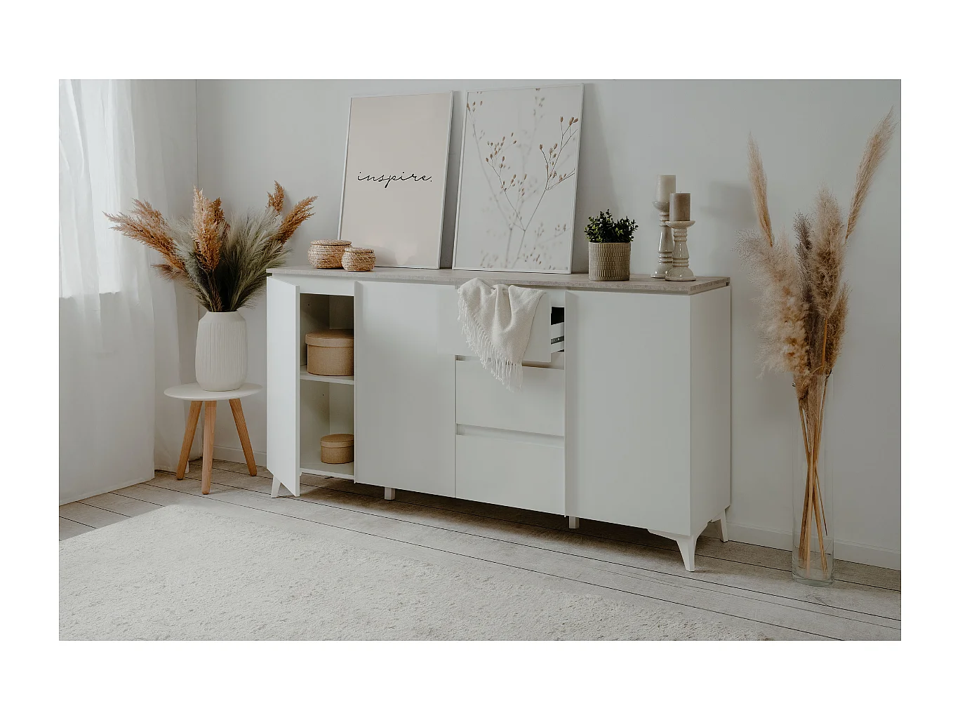 Buffet 3 portes et 3 tiroirs décor travertin et blanc L177cm - BERTRIX