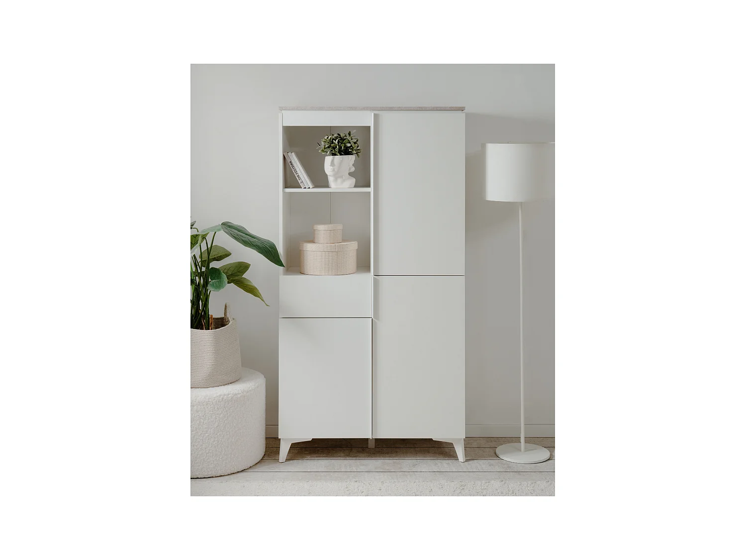 Buffet haut 3 portes, 3 étagères, 1 tiroir, et 2 niches décor travertin et blanc L88cm - BERTRIX